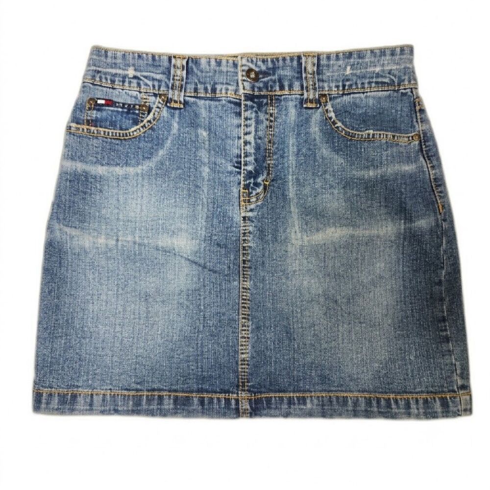 Tommy Hilfiger Denim Mini Skirt Size 4 Y2K Stitched Pocket Medium Wash - Picture 2 of 9